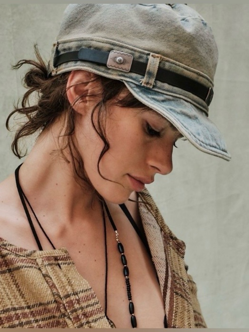 Free People Washed Denim Concho Hatband Cadet Hat NWT OS